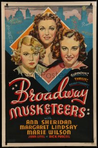 6y0046 BROADWAY MUSKETEERS linen Other Company 1sh 1938 art of Ann Sheridan & girls in New York, rare!