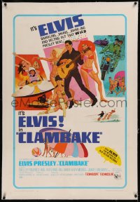 6y0060 CLAMBAKE linen 1sh 1967 McGinnis art of Elvis Presley in speed boat w/sexy babes, rock & roll!