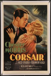 6y0065 CORSAIR linen 1sh R1937 great romantic art of Chester Morris about to kiss pretty Thelma Todd!