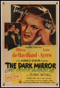 6y0069 DARK MIRROR linen 1sh 1946 Lew Ayres loves one twin Olivia de Havilland and hates the other!