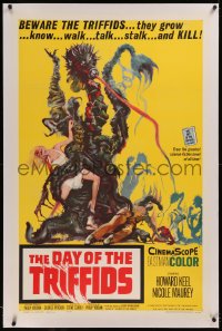 6y0070 DAY OF THE TRIFFIDS linen 1sh 1962 classic English sci-fi horror, cool art of monster w/girl!