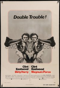 6y0077 DIRTY HARRY/MAGNUM FORCE linen 1sh 1975 cool mirror image of Clint Eastwood, double trouble!