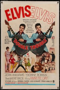 6y0079 DOUBLE TROUBLE linen 1sh 1967 cool mirror image of rockin' Elvis Presley playing guitar!