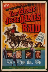 6y0119 GREAT JESSE JAMES RAID linen revised 1sh 1953 Willard Parker, Barbara Payton, cool outlaw art!