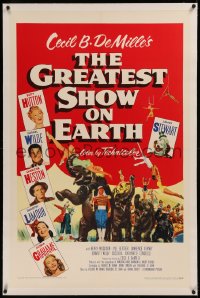 6y0121 GREATEST SHOW ON EARTH linen 1sh 1952 best image of James Stewart, Betty Hutton & Emmett Kelly!