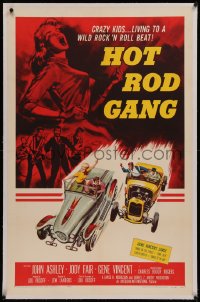 6y0138 HOT ROD GANG linen 1sh 1958 fast cars, crazy kids, classic art of teens in dragsters & girl!