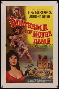 6y0140 HUNCHBACK OF NOTRE DAME linen 1sh 1957 Anthony Quinn as Quasimodo, sexy Gina Lollobrigida!
