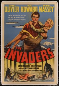 6y0144 INVADERS linen 1sh 1942 Michael Powell, art of Laurence Olivier carrying sexy Glynis Johns!