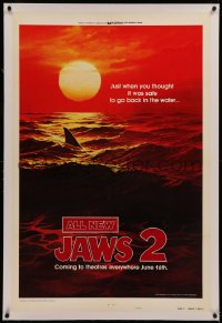 6y0146 JAWS 2 linen style B teaser 1sh 1978 art of shark's fin at sunset, plus most iconic tagline!