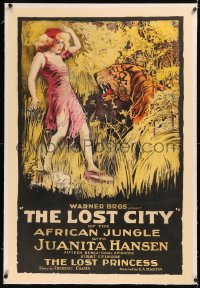 6y0170 LOST CITY linen chapter 1 1sh 1920 silent serial, art of Juanita Hansen & tiger, ultra rare!