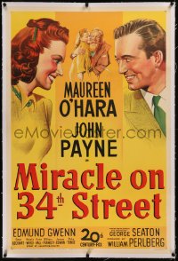 6y0183 MIRACLE ON 34th STREET linen 1sh 1947 art of Gwenn, Natalie Wood, Maureen O'Hara & Payne!