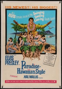 6y0209 PARADISE - HAWAIIAN STYLE linen 1sh 1966 Elvis Presley on the beach with sexy tropical babes!