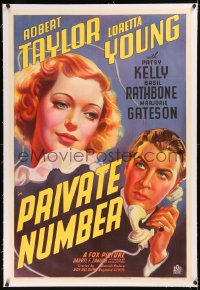 6y0221 PRIVATE NUMBER linen 1sh 1936 great litho art of Loretta Young & Robert Taylor, very rare!