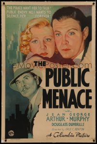 6y0223 PUBLIC MENACE linen 1sh 1935 Public Enemy No. 1 wants to silence Jean Arthur forever, ultra rare!