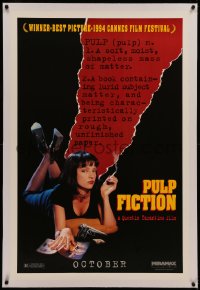 6y0225 PULP FICTION linen teaser 1sh 1994 Quentin Tarantino, close up of sexy Uma Thurman smoking!
