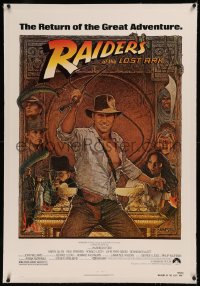 6y0228 RAIDERS OF THE LOST ARK linen 1sh R1982 great Richard Amsel art of adventurer Harrison Ford!