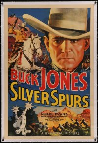 6y0254 SILVER SPURS linen 1sh 1936 cowboy Buck Jones, incredible western montage art, ultra rare!