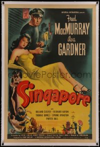 6y0255 SINGAPORE linen 1sh 1947 art of sexy full-length Ava Gardner + seaman Fred MacMurray with gun!