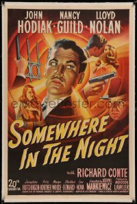 6y0258 SOMEWHERE IN THE NIGHT linen 1sh 1946 amnesiac John Hodiak, Nancy Guild, cool noir art montage!
