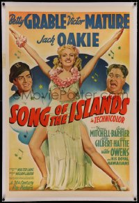 6y0260 SONG OF THE ISLANDS linen style B 1sh 1942 full art of sexy Betty Grable in grass skirt & lei!