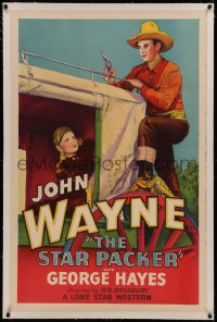 6y0267 STAR PACKER linen 1sh R1930s art of John Wayne with gun on stagecoach protecting girl, rare!