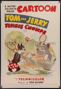 6y0280 TENNIS CHUMPS linen 1sh 1949 great cartoon art of Tom & Jerry w/ Butch on tennis court, rare!