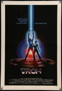 6y0298 TRON linen 1sh 1982 Walt Disney sci-fi, Jeff Bridges in a computer, cool special effects!