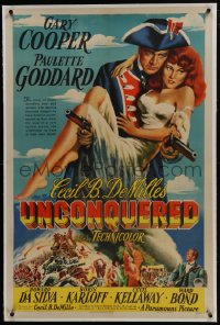 6y0303 UNCONQUERED linen 1sh 1947 art of Gary Cooper holding sexy Paulette Goddard & two guns!
