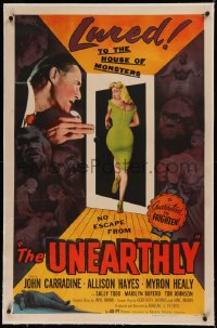6y0305 UNEARTHLY linen 1sh 1957 John Carradine, sexy Sally Todd is lured to the house of monsters!