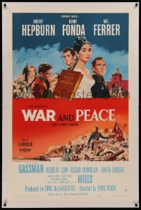 6y0311 WAR & PEACE linen 1sh 1956 art of Audrey Hepburn, Henry Fonda & Mel Ferrer, Leo Tolstoy epic!