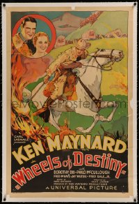 6y0317 WHEELS OF DESTINY linen 1sh 1934 art of Ken Maynard riding Tarzan & starting brush fire, rare!