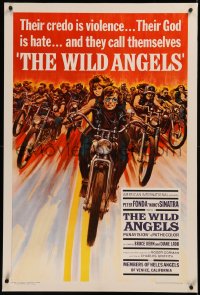 6y0323 WILD ANGELS linen 1sh 1966 classic art of biker Peter Fonda & sexy Nancy Sinatra on motorcycle!