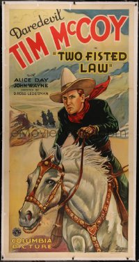6z0033 TWO FISTED LAW linen 3sh 1932 great close up art of Daredevil Tim McCoy on horseback, rare!