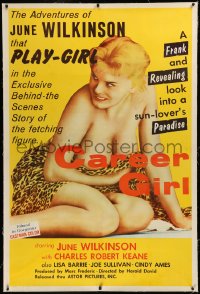6z0038 CAREER GIRL linen 40x60 1959 super sexy near-naked June Wilkinson holding leopard skin!