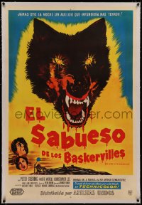 6z0292 HOUND OF THE BASKERVILLES linen Argentinean 1959 great blood-dripping dog art, very rare!