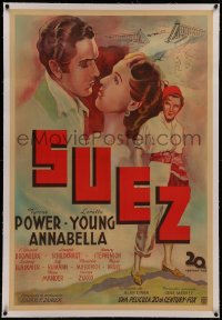 6z0295 SUEZ linen Argentinean 1938 art of Tyrone Power with pretty Loretta Young & Annabella!