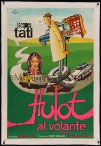 6z0297 TRAFFIC linen Argentinean 1971 great different wacky art of Jacques Tati as Mr. Hulot!