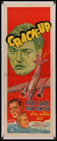 6z0282 CRACK-UP linen long Aust daybill 1936 art of crazed Peter Lorre & diving plane, ultra rare!