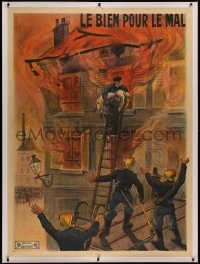 6z0079 GOOD FOR EVIL linen French 1p 1909 art of man rescuing woman from burning building, very rare