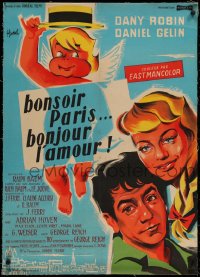 6z0349 GOOD EVENING PARIS linen French 23x32 1957 Hurel art of Dany Robin & Daniel Gelin, ultra rare!