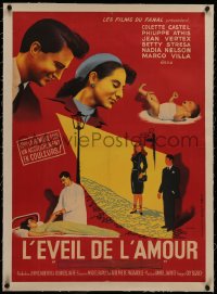 6z0354 L'EVEIL DE L'AMOUR linen French 22x31 1955 Mouton art of Colette Castel, Athis & baby, rare!