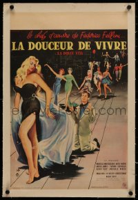 6z0366 LA DOLCE VITA linen French 16x24 1960 Federico Fellini, Mastroianni, sexy Ekberg by Yves Thos!