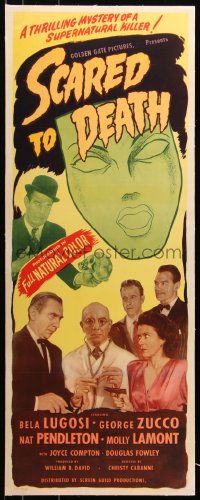 6z0152 SCARED TO DEATH linen insert 1947 Bela Lugosi horror comedy, death mask artwork over cast!