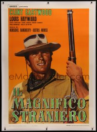 6z0009 MAGNIFICENT STRANGER linen style A Italian 1p 1966 different c/u of Clint Eastwood w/ rifle!
