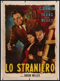 6z0010 STRANGER linen Italian 1p R1955 art of Orson Welles, Edward G. Robinson & Loretta Young, rare!