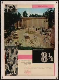 6z0263 8 1/2 linen Italian 27x38 pbusta 1963 Federico Fellini classic, far shot of people at resort!