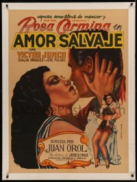 6z0298 AMOR SALVAJE linen Mexican poster 1950 Cartaya art of sexy Rosa Carmina & Junco, very rare!