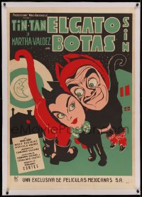 6z0300 EL GATO SIN BOTAS linen export Mexican poster 1957 art of Tin-Tan & Valdez as cats, rare!