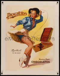 6z0230 GIL ELVGREN linen 21x28 advertising poster 1950s sexy cowgirl pinup art, Pangburn chocolates!