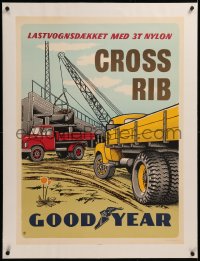 6z0234 GOODYEAR linen 25x34 Danish advertising poster 1959 cross rib tires, Hoff-Lund art of trucks!